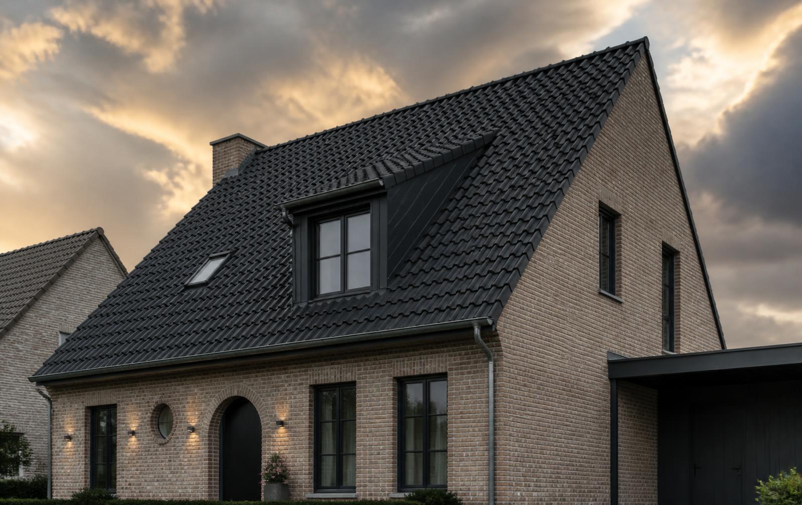 Toiture en tuiles noires d'une maison belge rénovée au coucher du soleil