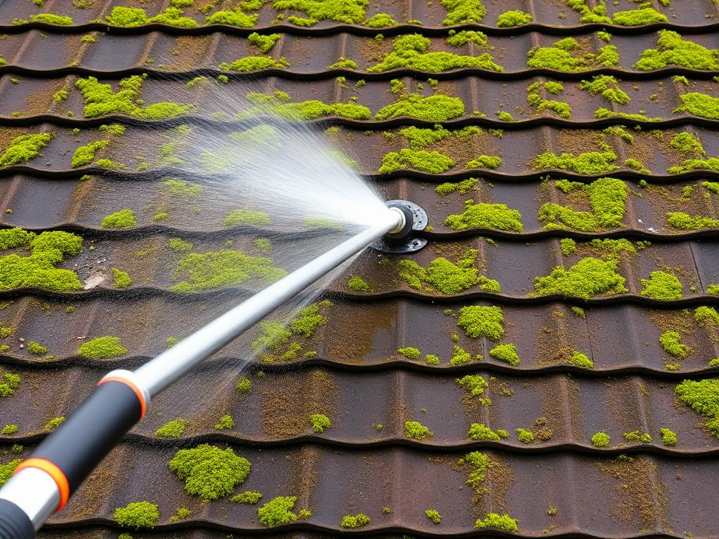 Démoussage d'une toiture envahie de mousse
